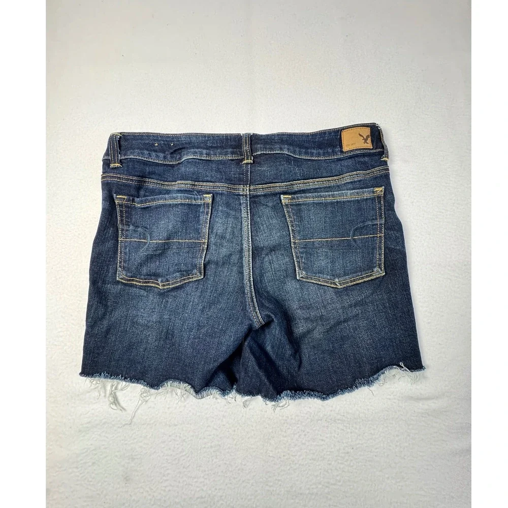 Boho American Eagle Womens 14 Cutoff Shorts Dark Wash Frayed Hem Stretch Denim